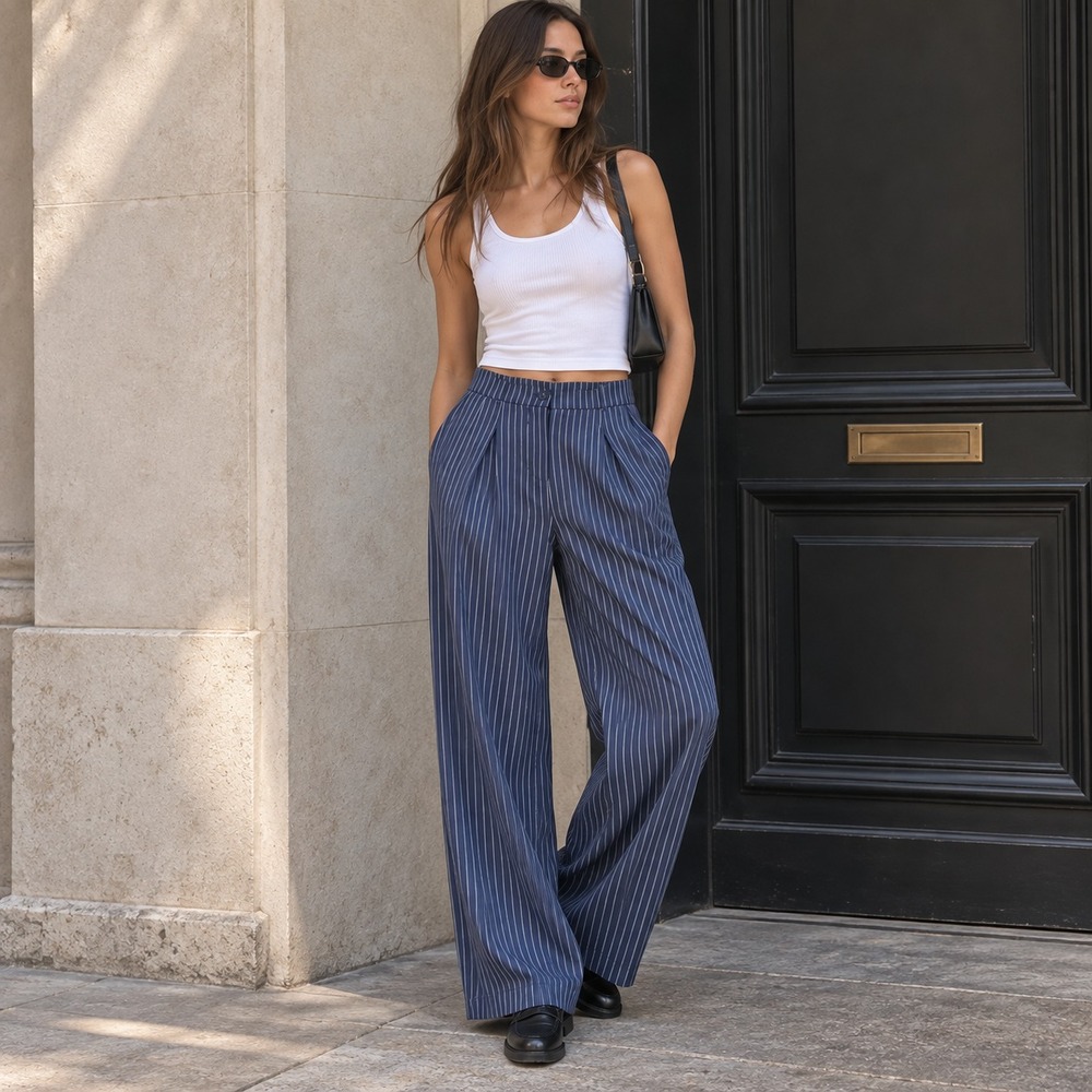 Commense Womens Pinstripe Pleated Wide Leg Pants Sz M Navy Stretch High Rise